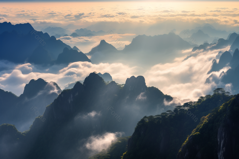 蓝色摄影图俯拍黄山山峰群背景,高清,摄影图,摄影图片,图片大全,摄影图免费下载